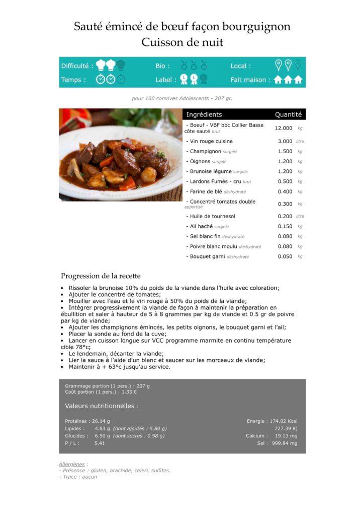 Fiche technique du boeuf bourguignon en cuisson basse température